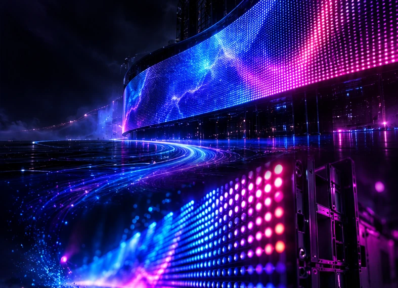 Arte de um painel de LED com iluminação azul e magenta